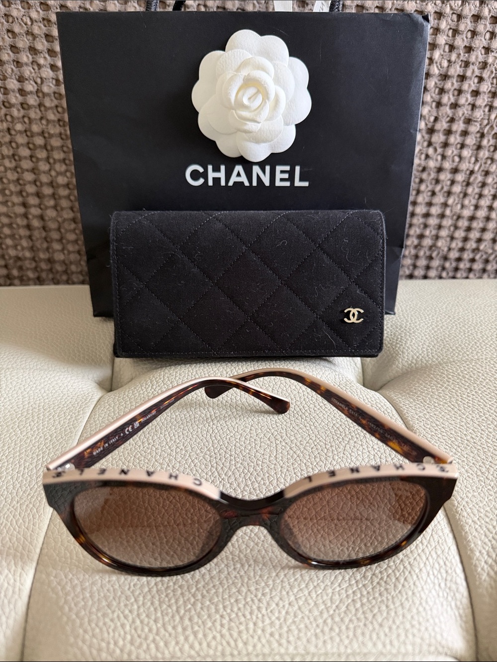CHANEL Butterfly Tortoiseshell Sunglasses with Black Quilted Case